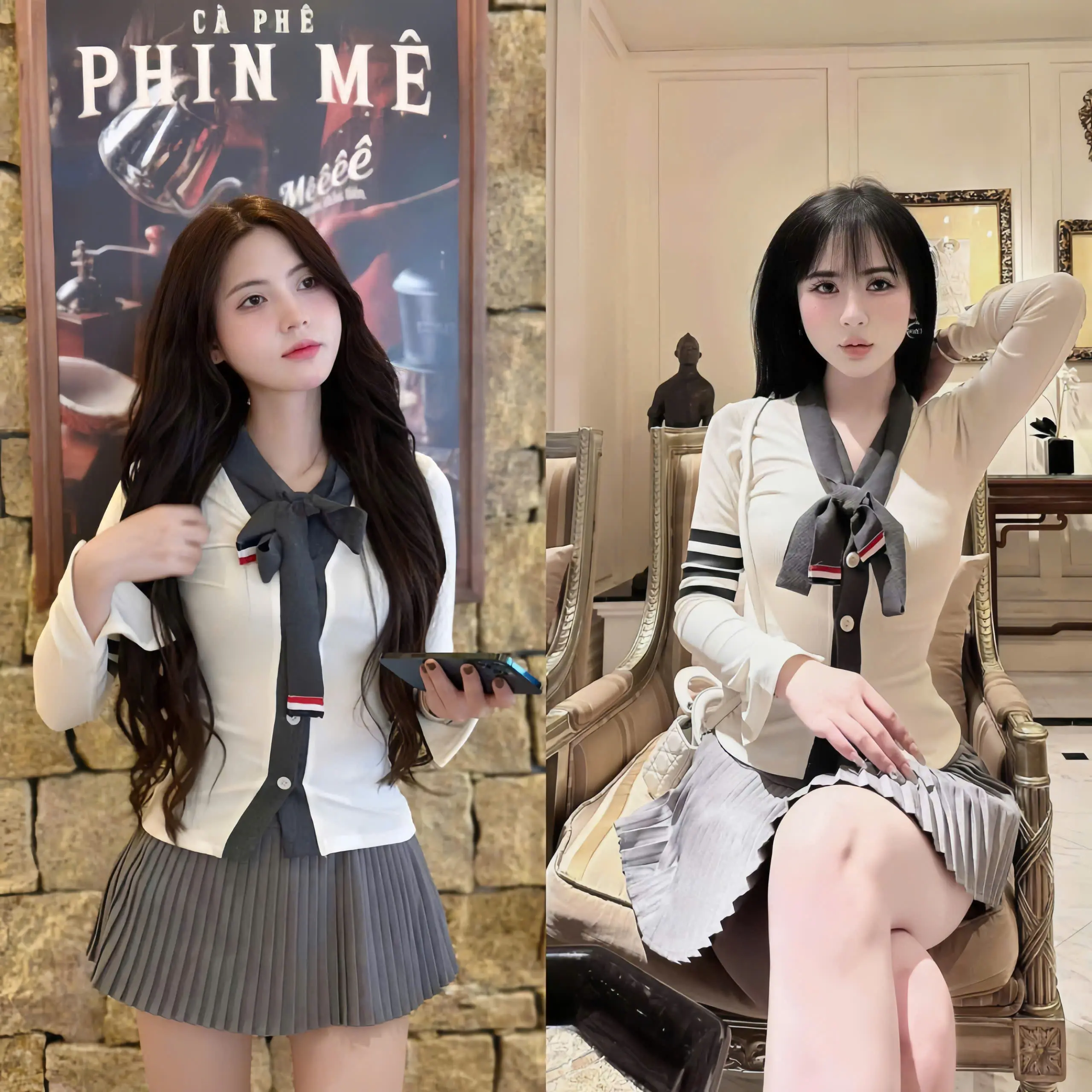 Set Đồ Nữ Công Sở Thanh Lịch Phong Cách Tiểu Thư Hàn Quốc, Áo Vest Cardigan Phối Nơ, Chân Váy Xếp Ly Cao Cấp