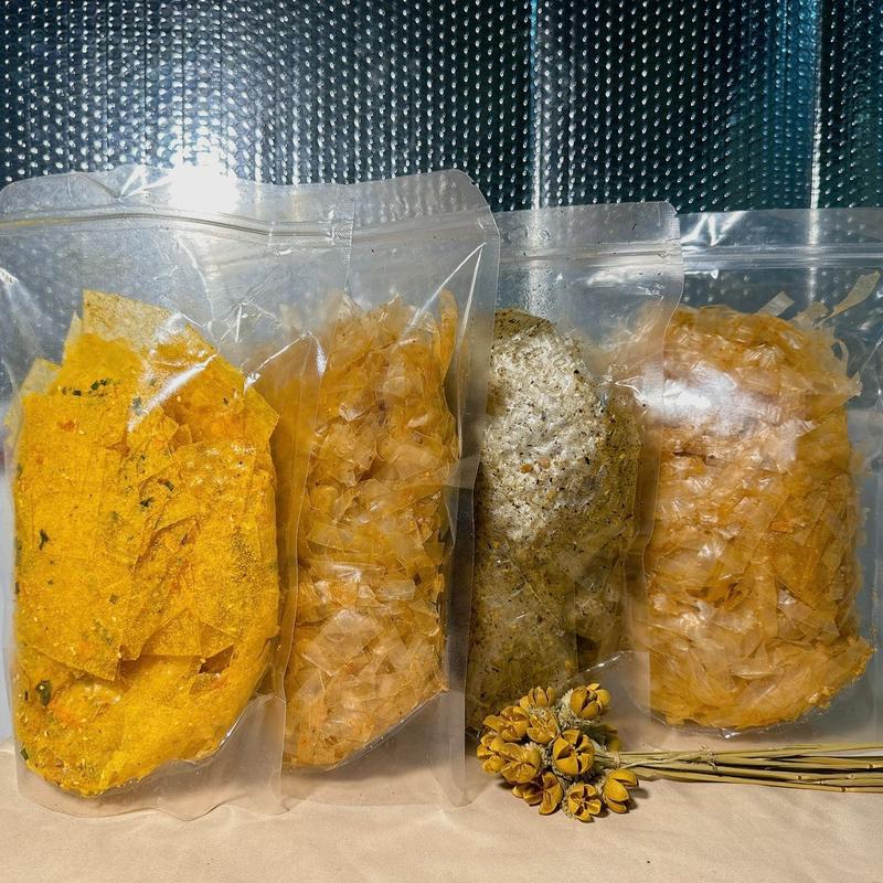 Combo 4 vị : Phô  tep,Sơi xike, Sơi tỏi, Rong biển soi cay ( mỗi túi 250g) bánh  tráng