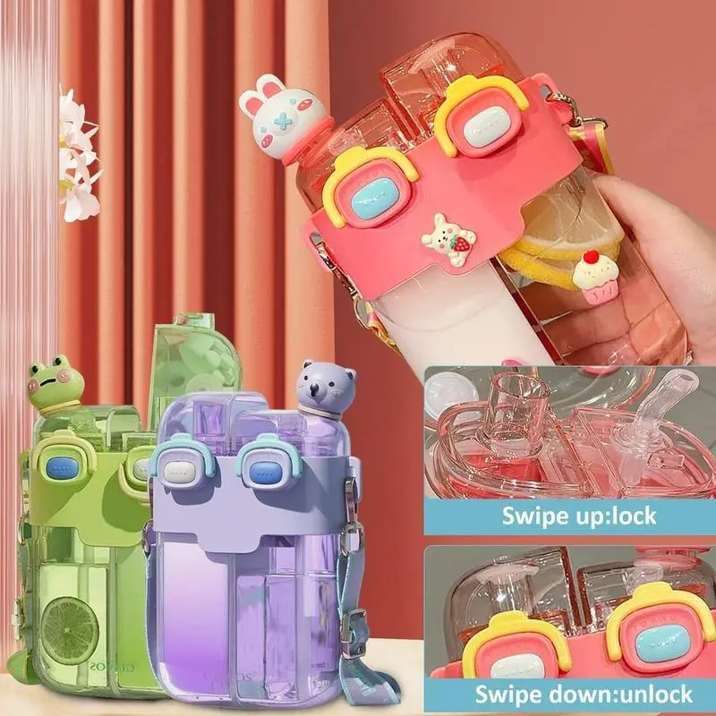 26oz Cute Bear Design Water Bottle, Portable Double Compartment Sports Water Bottle with Adjustable Strap, Leak-proof Water Bottle for Outdoor Sports School 7