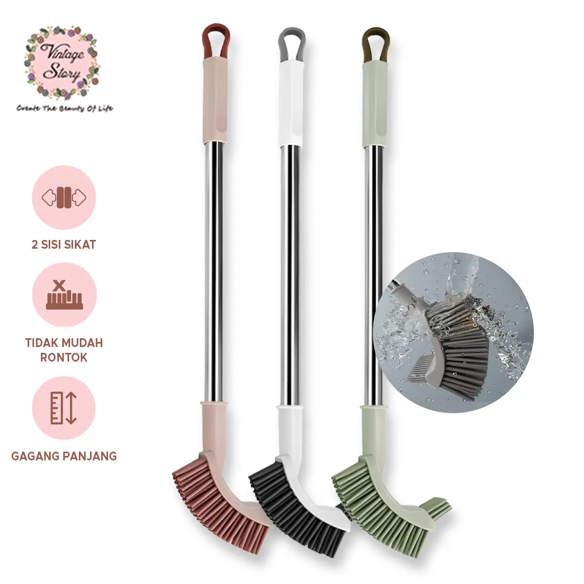 Sikat Toilet 2 Sisi Pembersih Wc Gagang Panjang Plastik PP Tebal Alat Gosok Lantai Kamar Mandi Kloset Brush Double Sided