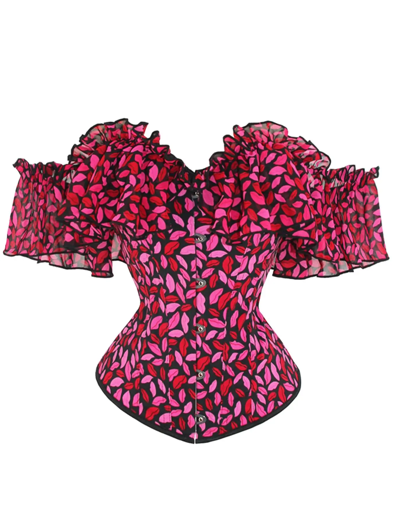 Women's All Over Leaf Print Frill Trim Flounce Sleeve Shapewear Top, Elegant Comfy Lace Up Tummy Control Shaper for Daily Wear, Ladies Shapewear for All Seasons