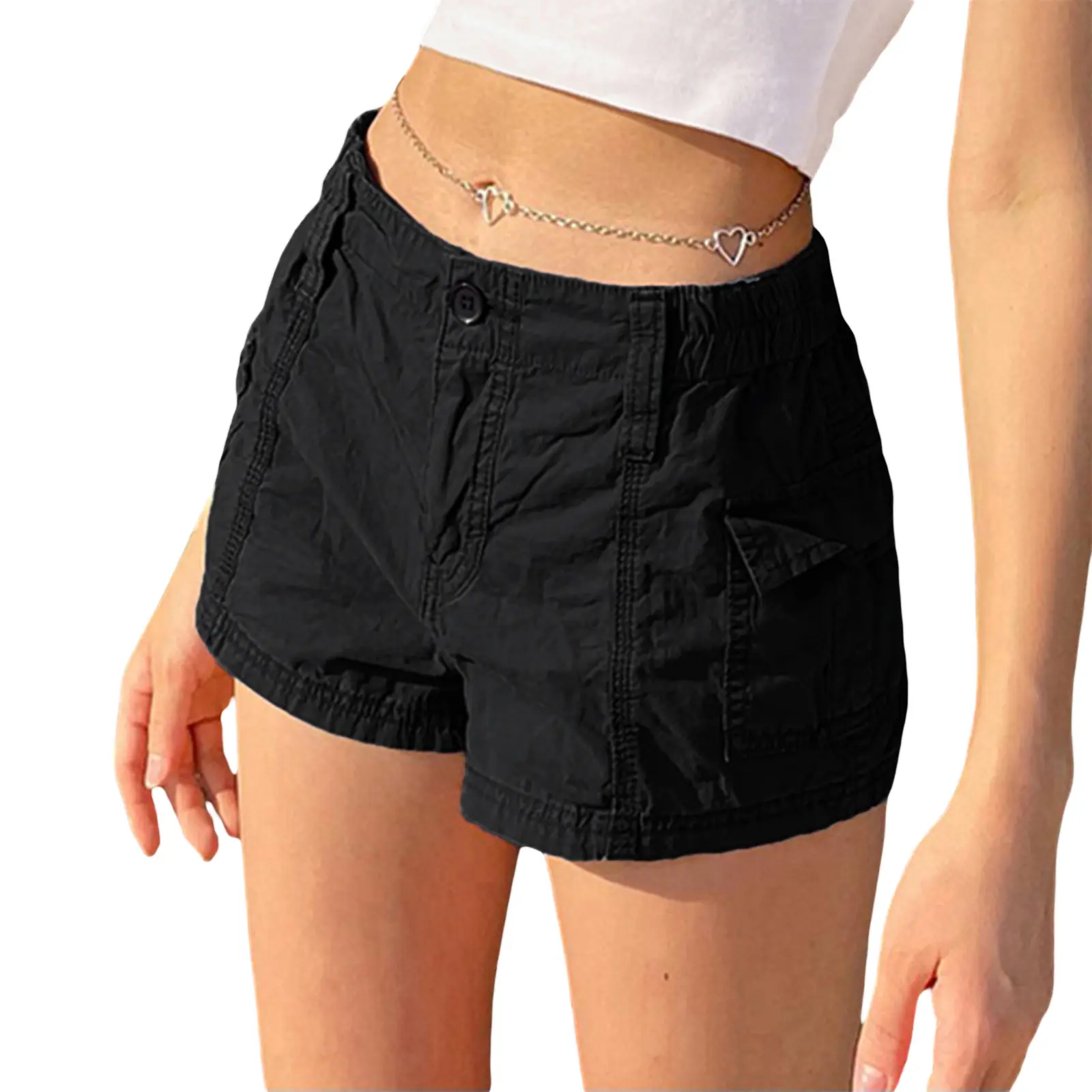 Women Cargo Shorts Solid Color Vintage Elastic Casual Summer Low Waist Shorts with Pockets for Nightclub Streetwear