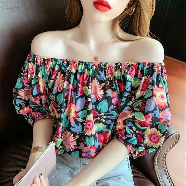 Áo Mùa Hè, Phong Cách Người Nổi Tiếng Trên Internet, Tay Phồng, Trễ Vai, Chất Voan Hoa, Ngắn Tay, Thiết Kế Một Vai, Thời Trang, Dành Cho Nữ Jean Women Top