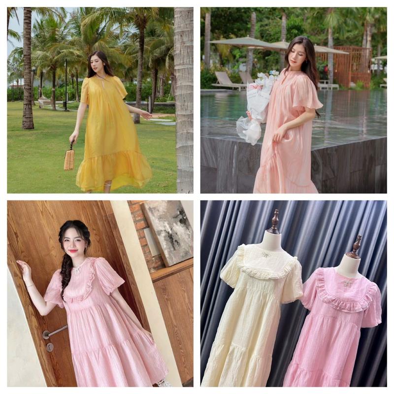 GIÁ XẢ NGHỈ BÁN BOBIMOM | ảnh thật shop chụp ĐẦM VOAN TƠ CÓ LÓT DÁNG SUÔNG CAO CẤP DÀNH CHO BẦU Váy Bầu Đầm Bầu Kem