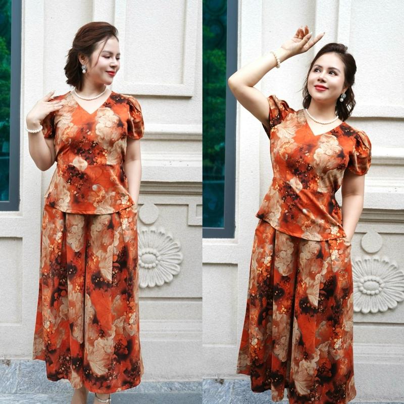 Ms29 Set Đồ bộ trung niên cho mẹ, áo có cổ, quần ống rộng, quần giả váy, chất lụa nhập co dãn