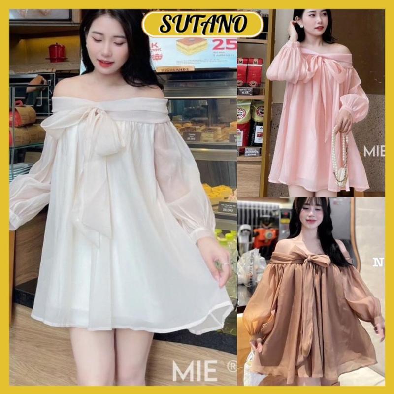  Váy nữ dáng babydoll đầm trễ vai tay phồng chất vải tơ mềm 2 lớp dày dặn V203 SUTANO 