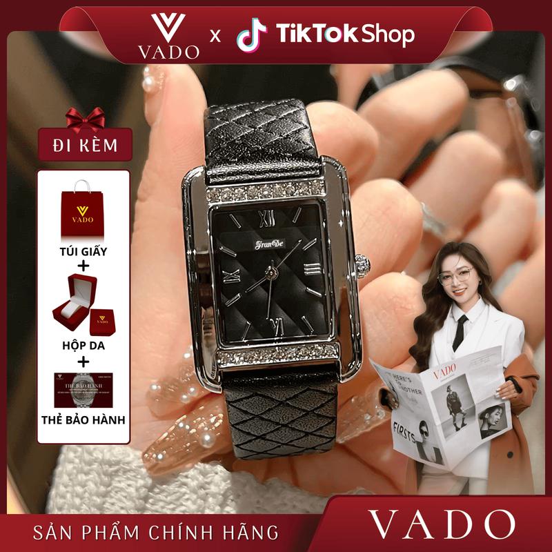 [VADO25] Đồng Hồ Nữ Mặt Chữ Nhật, Dây Thật, Mặt Viền Đính Đá Sang Chảnh, Phong Cách Thanh Lịch, Hỗ Trợ Kháng Nước - JRANDE DHJ9805