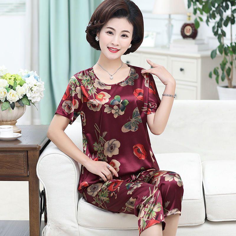 Đồ Ngủ Cho Mẹ TRUNG NIÊN, Đồ Mặc Nhà Mùa Hè, Chất Liệu Lụa Nhân Tạo, ngắn Tay, Dáng Rộng Vừa Vặn, Ngoại Cỡ, Thích Hợp Cho Phụ Nữ Trung Người Già Và Cao Tuổi, Làm Bằng Lụa Lạnh 6