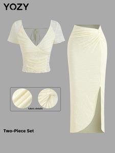 YOZY Women's Solid Ruched V Neck Tie Back Lace Top & Split Hem Skirt Two-piece Set, Casual Fashion Cozy Two Piece Outfits for Daily Outdoor Wear, Ladies Clothes for All Seasons