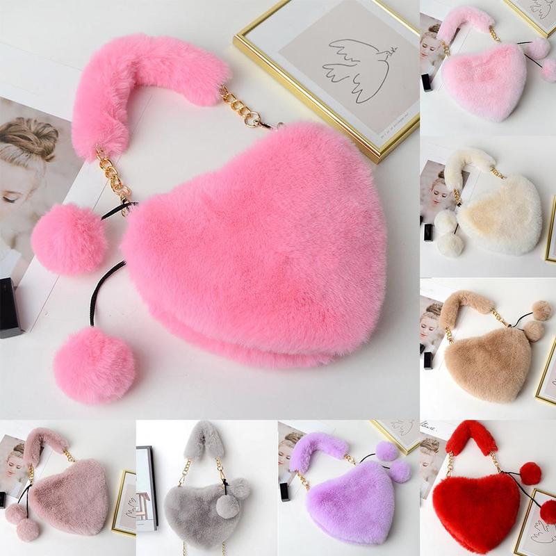 Product Introduction of Women Messenger Bag Cute Heart Shaped Shoulder Bag Fluffy Chain Soft Fashion Crossbody Handbag 21