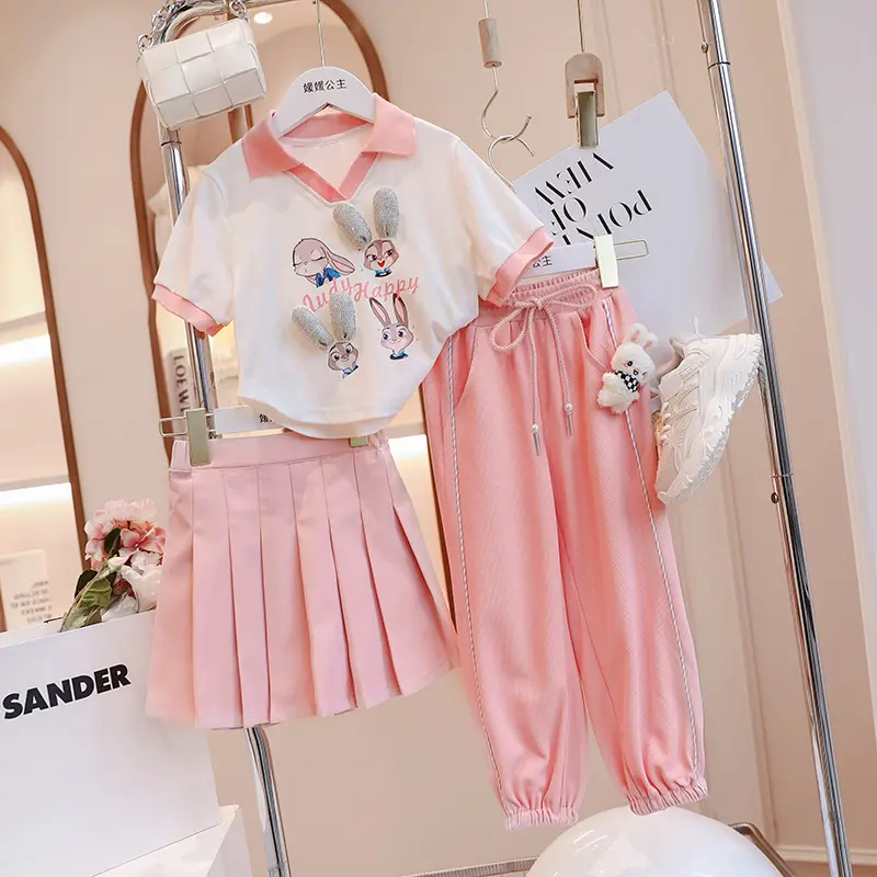 Bộ đồ mùa hè cho bé gái 15-55kg mùa hè 2023 phong cách nước ngoài mới cho bé gái váy xếp li ngắn tay quần âu bộ hai món