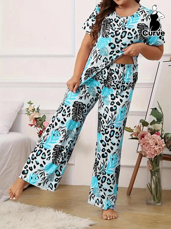 2 Pieces Plus Size All Over Print Pyjama Set, T-shirt & Trousers Two-piece Pj Set, Plus Size Clothing for Daily Home Wear, Casual Pyjamas for Women, Women's Sleepwear, Lounge Set for Women, Summer Clothes Women, Pajamas Sets Women 2