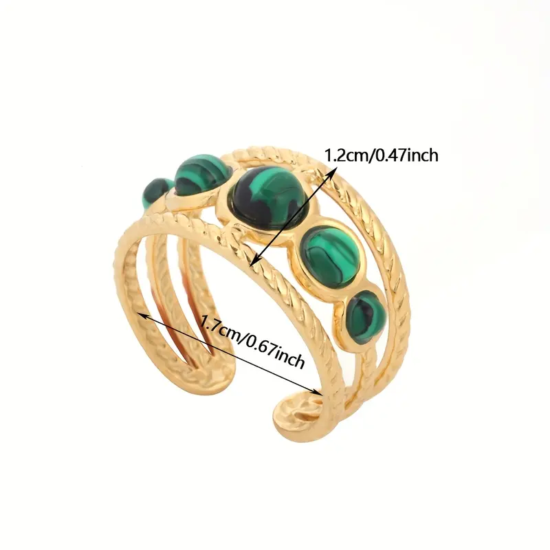 One Women Bohemian Simple Wide Face Geometric Inlaid Green Stone Open 304 Stainless Steel Ring Wide Face Hollow Design Suitable for Daily Prom Banquet Music Festival Holiday Jewelry Accessories Gifts 6