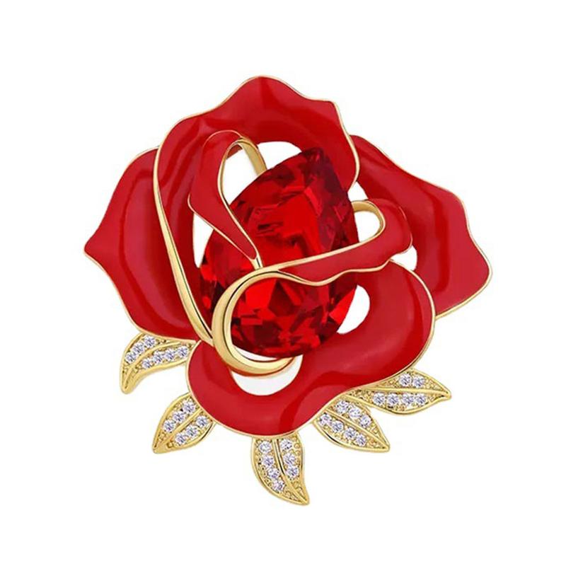 Elegant Red Rose Flower Shape Brooch Shining Rhinestones Inlaid Pin Evening Gown Dress Badge Coat Party Accessories 4