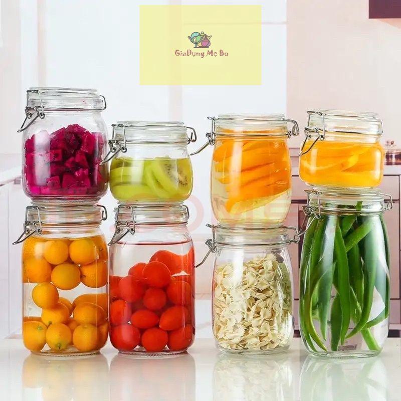 Hũ Lọ Thủy Tinh Tròn Nắp Cài Khoá INox 500ml 750ml 1000ml 1500ml | Lọ Thuỷ Tinh Đựng Gia Vị, Hũ Thủy Tinh Ngâm Củ Quả