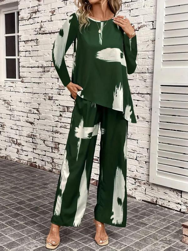 Plus Size Pop Art Print Asymmetrical Hem Blouse & Pocket Wide Leg Pants, Round Neck Long Sleeve Top & Trousers, Women's Two-piece Outfits for Daily Wear 2