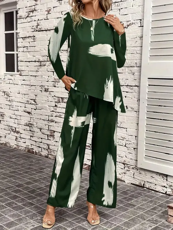 Plus Size Pop Art Print Asymmetrical Hem Blouse & Pocket Wide Leg Pants, Round Neck Long Sleeve Top & Trousers, Women's Two-piece Outfits for Daily Wear 2