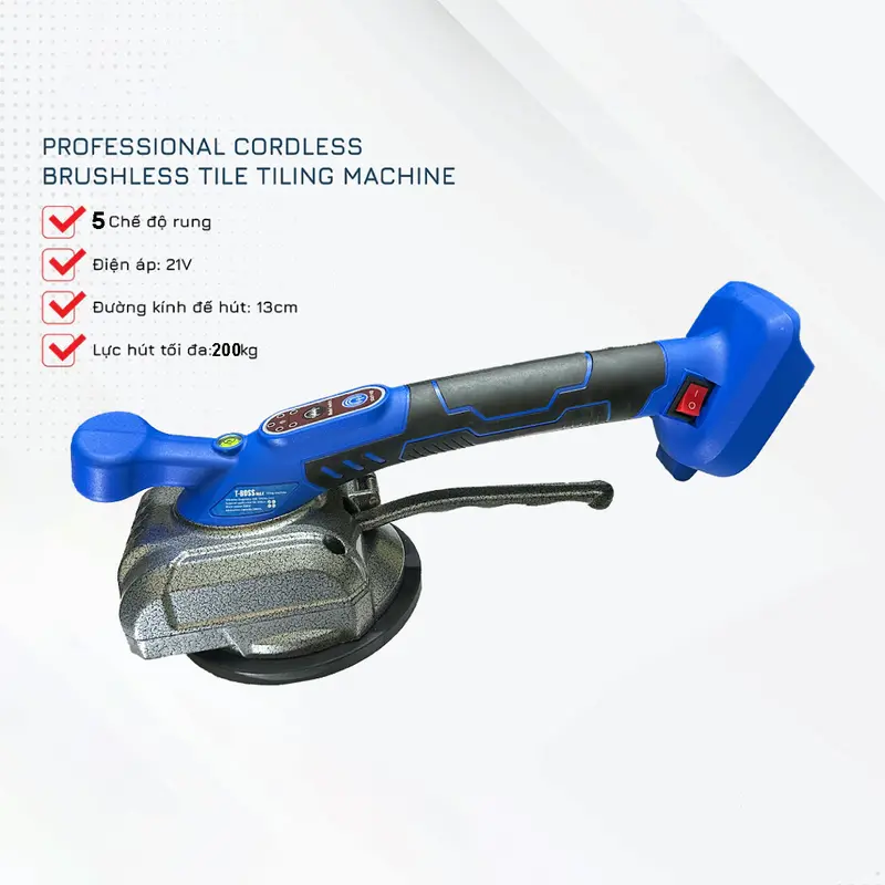 Máy rung gạch ốp lát sàn T-Boss MAX dùng pin, Công Suất 200W, Lực hút 200kg, Máy ốp gạch hàng chính hãng, Chân Pin Phổ Thông, Bộ Máy 2 Pin 1 Sạc 6