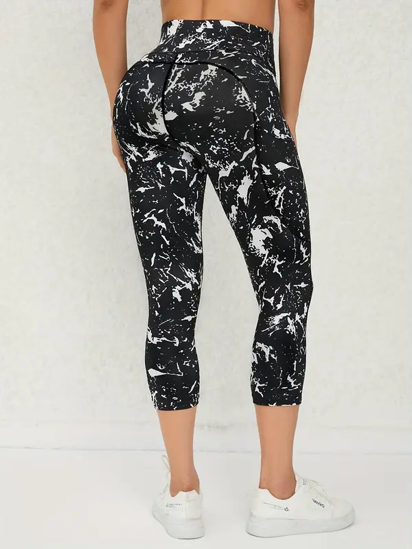 Women's All Over Print High Waist Sports Leggings, Casual Sporty Comfy Breathable Capri Skinny Pants for Yoga Gym Workout Running, Women Sport & Outdoor Clothing for Summer Spring Fall 1