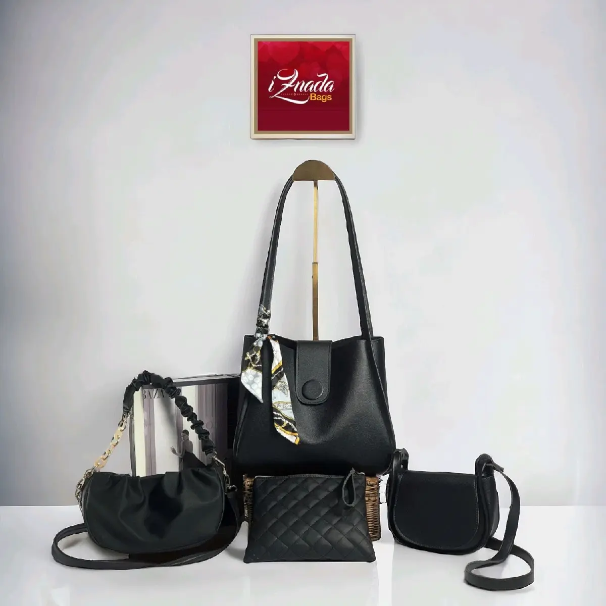 Iznada Bags - Paket Bundling dibawah 100 Ribu Dapat 4 Pcs Tas Selempang Wanita (Totebag Calysta+Luba+Aura+Lyla) Kulit Sintetis Polos dan Bordir Ready Full Hitam Tote Totebag