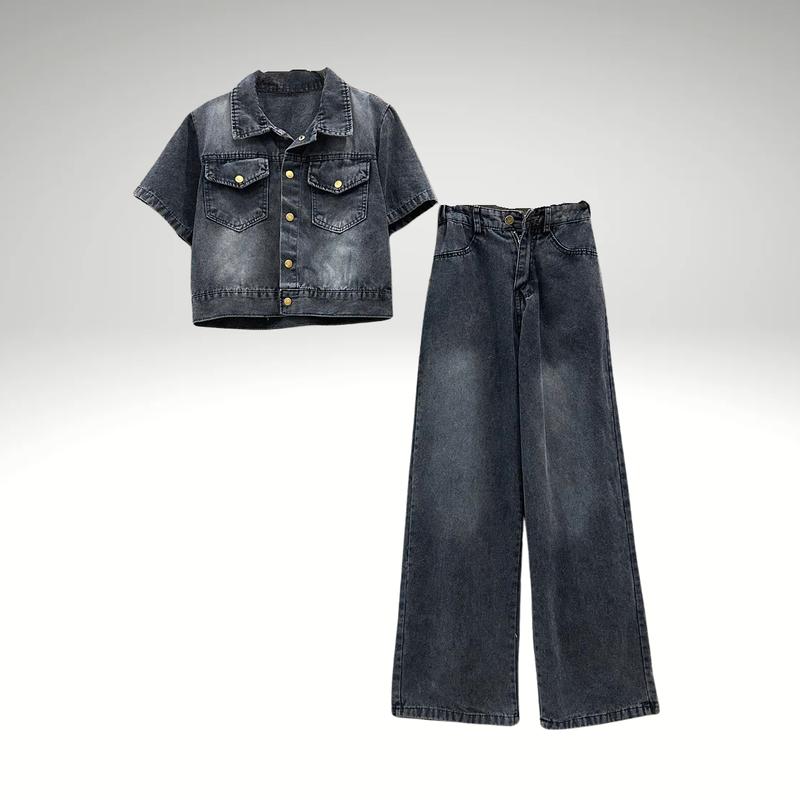 Set Jean B1 Áo Cổ Đức Khuy Bấm - Quần Dài Suông Chất Jean Mềm Dành Cho Nữ, 2 Màu Xanh & Đen Khói, 3 Size S, M, L