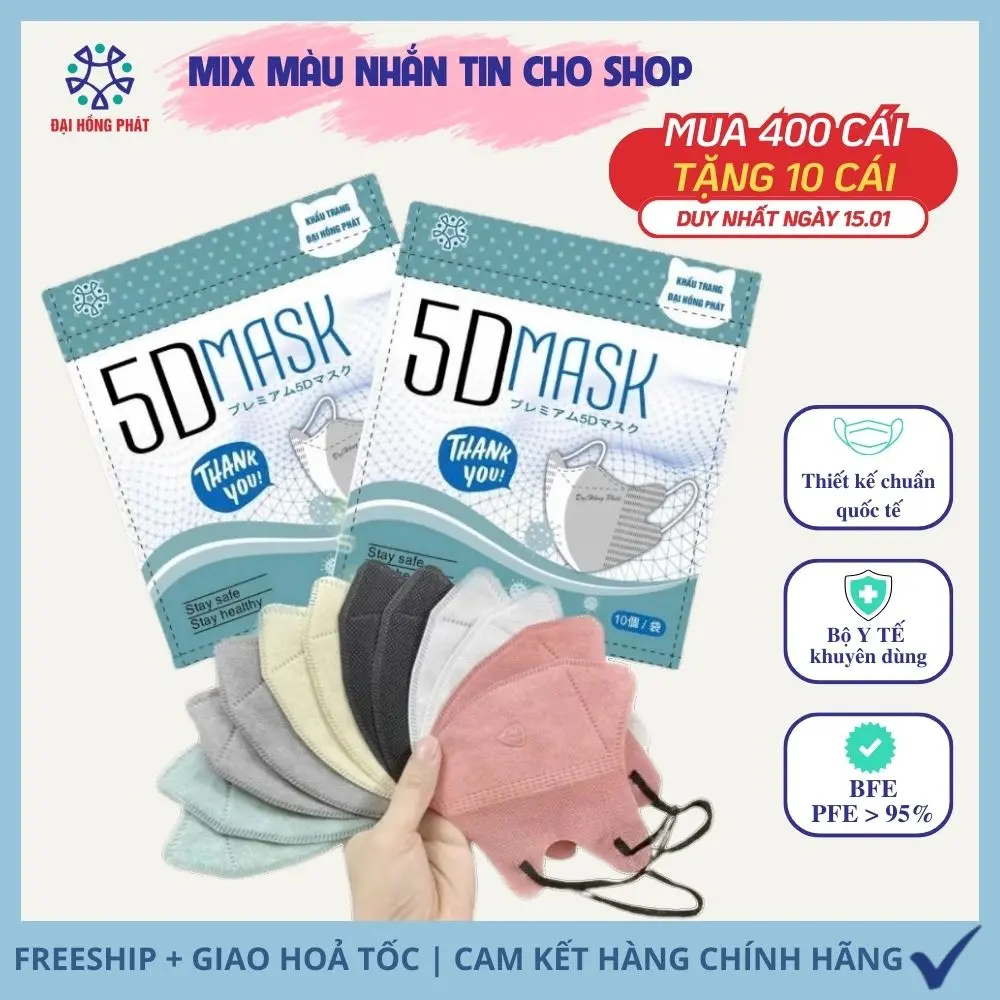 [Thùng 400 Cái] Khẩu Trang 5D ĐẠI HỒNG PHÁT Kháng khuẩn, Chống Nắng, Chống Bụi, Chống Tia UV