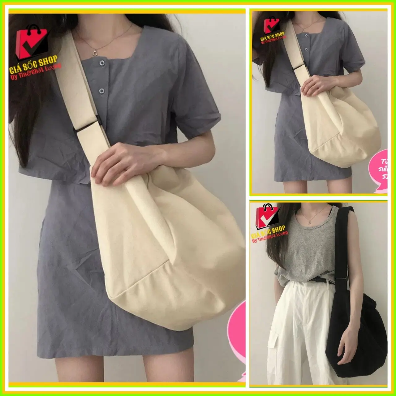 TÚI TOTE ĐEO CHÉO TRỐNG SIU TO CÓ KHÓA KÉO & TÚI CON VẢI CANVAS PHONG CÁCH ULZZANG ĐỂ ĐƯỢC SÁCH ĐỒ THOẢI MÁI CVTR05