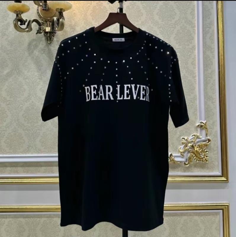 Áo Thun Đính Đá  BEAR LEVER nam nữ sắc nét Menswear Cổ Tròn Đen Top