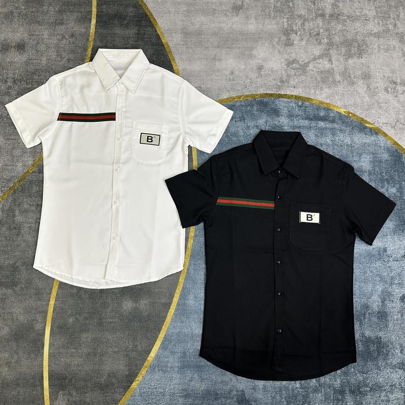 Áo sơ mi nam tay ngắn phối sọc Đỏ xanh viền vải lụa dày dặn thoáng mát Menswear Shirt Trắng Cổ Tròn