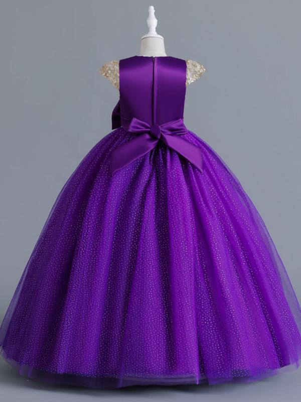Girl's Floral Embroidery Contrast Sequin Big Bow Puff Sleeve Party Satin Dress, Kids Clothes 1