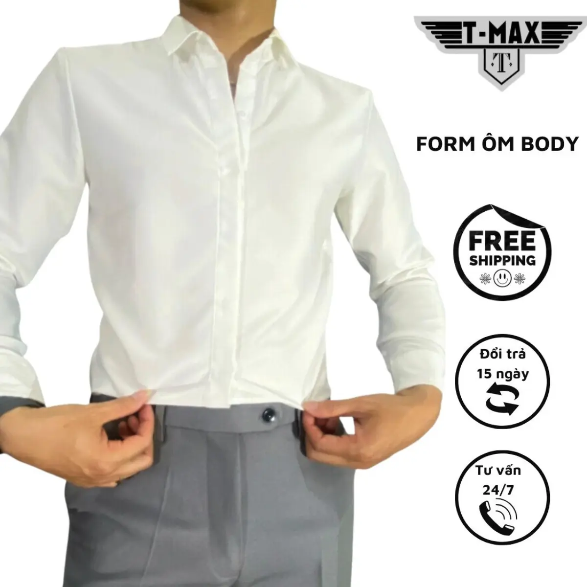 Áo Sơ mi nẹp ẩn vải lụa co giãn. Sơ mi nam dài tay giấu khuy cổ bẻ dài tay Ôm gọn slimfit Menswear Shirt Đen Trắng sơ  mi