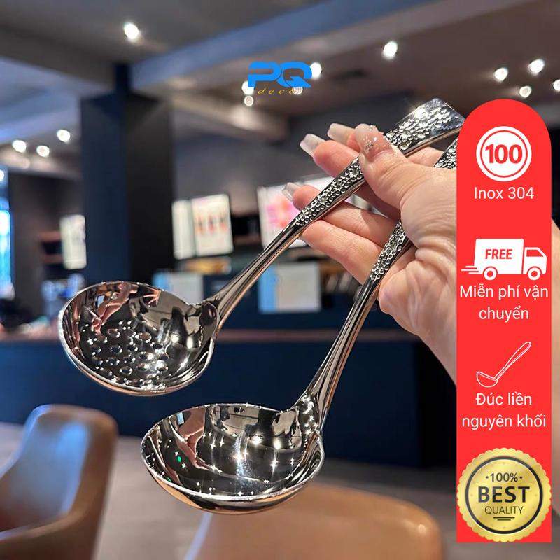 Cặp muôi muỗng vá thìa múc canh soup inox 304 rây lọc muôi tròn cán khắc Chockmen mẫu 1 tay cầm dài ăn lẩu