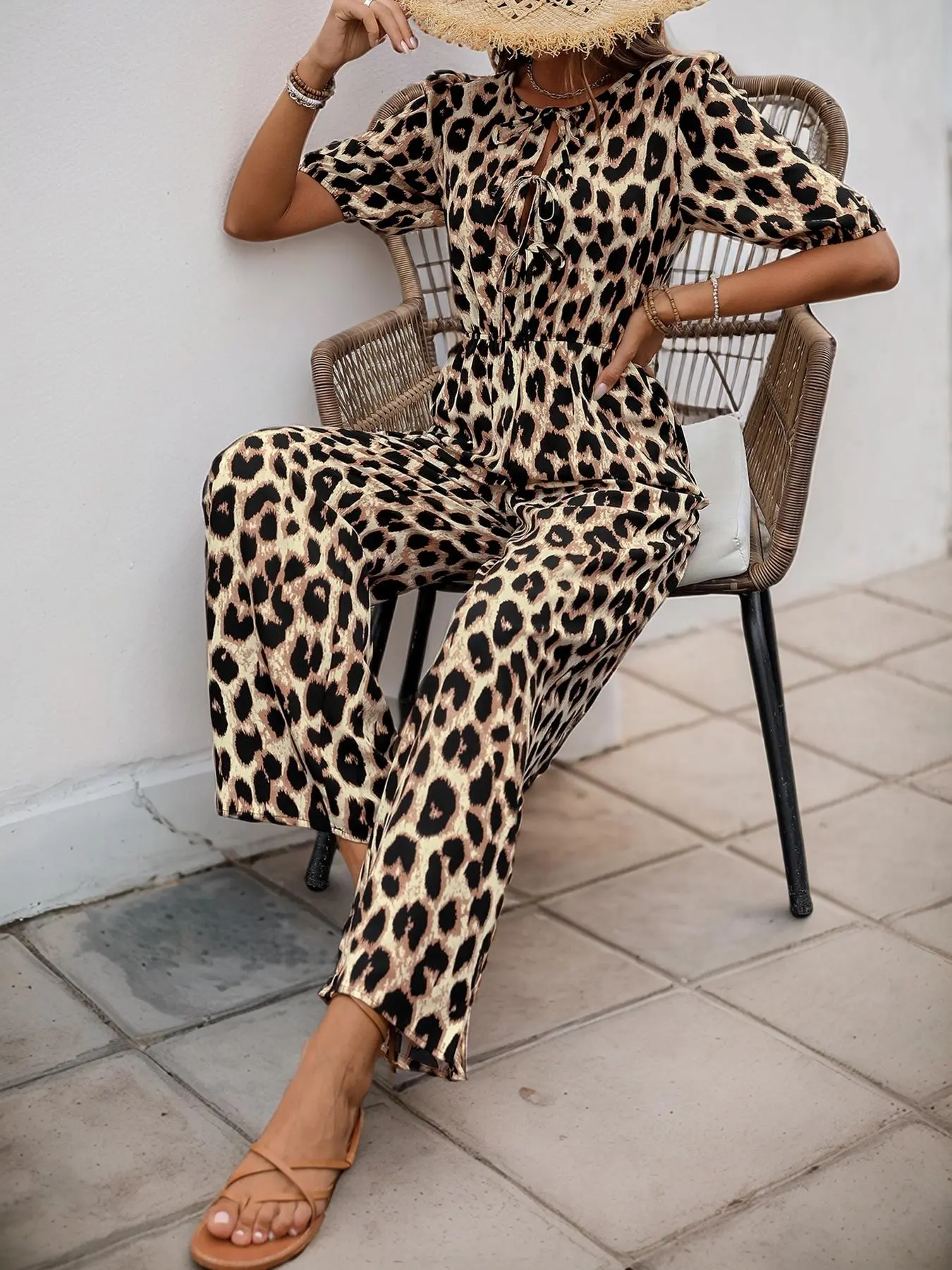 Women's Leopard Print Tie Front  Jumpsuit, Casual Comfy Wide Leg Jumpsuit for Summer, Fashion Women's Clothing for Daily Wear