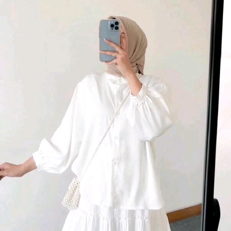 Blouse Kemeja Elze Atasan Wanita Shakila Twill Polos Lengan Balon Full Kancing Baju Panjang Oversize 4