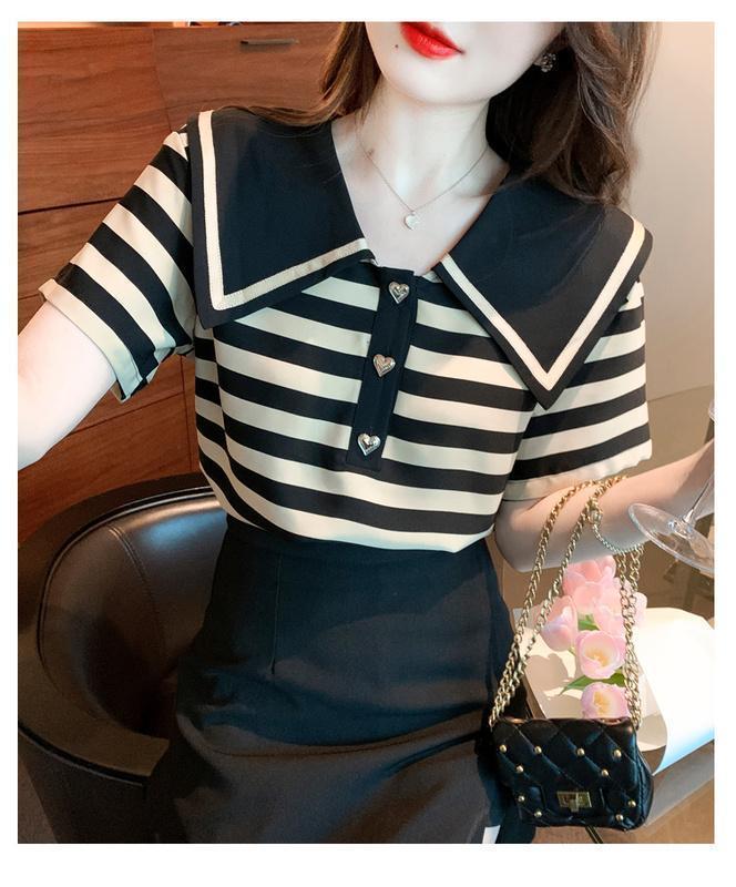 Product Introduction of áo kiểu nữ Áo Thun Nữ Mùa Hè, Ngắn Tay, Cổ Búp Bê Dáng Rộng Vừa Vặn, Sọc Đẹp, Độc Đáo, Áo Thường Ngày Siêu Đẹp, Thích Hợp Cho Các Bạn Nữ Trẻ, Hàng Mới Về Năm 2024, Phong Cách HK Top Women 14