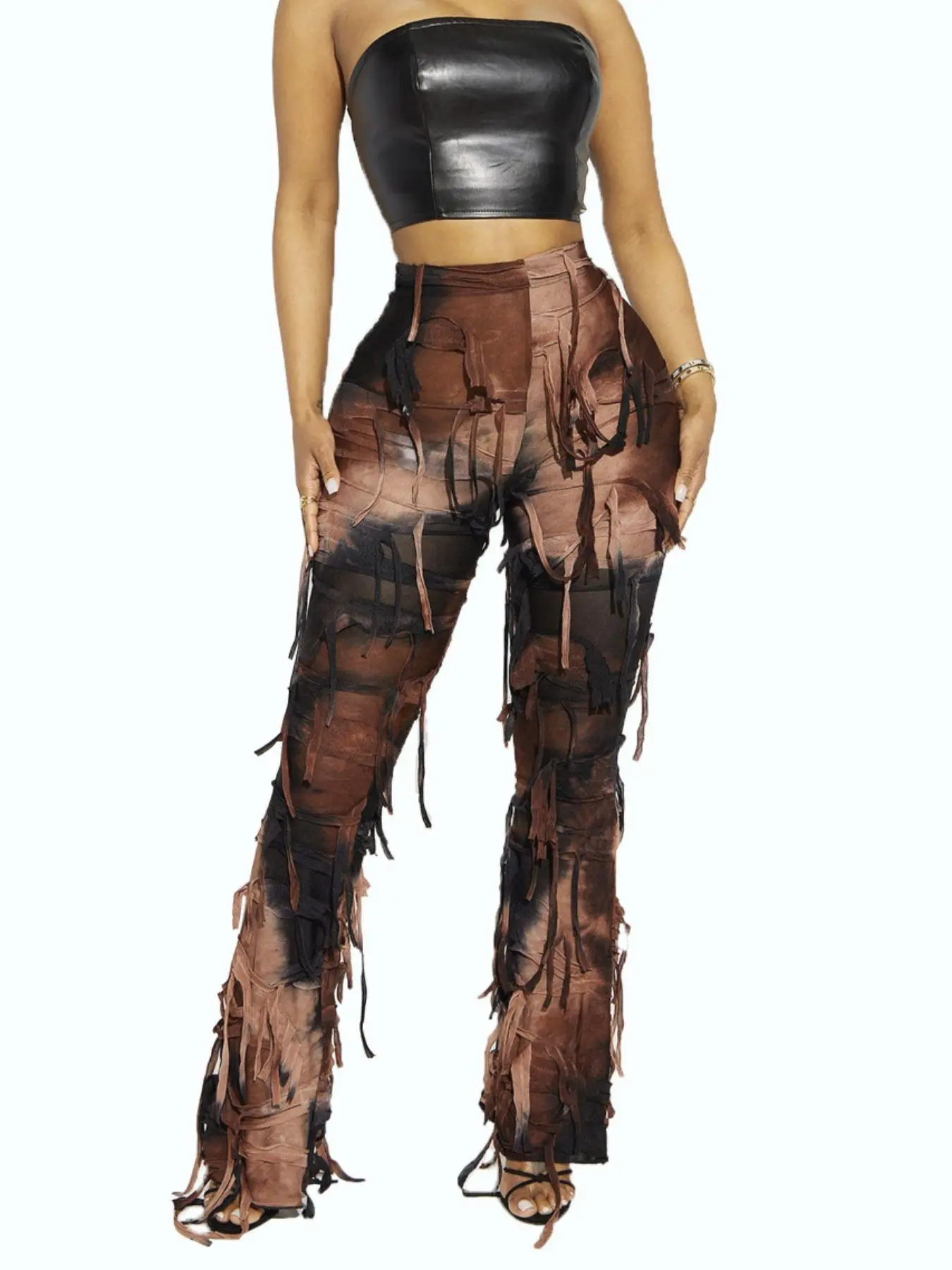 Women's Tie Dye Print Fringe Trim Pants, Street Fashion Casual Trousers for Daily Wear, Ladies Bottoms for Spring & Fall