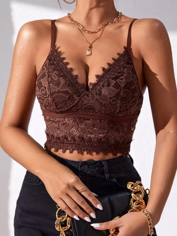 Women's Backless Sheer Lace Crop Cami Top, Classy Elegant Adjustable Strap Deep V Neck Crop Top, Summer Clothes Women for Daily Vacation Party, Lace Cami 2