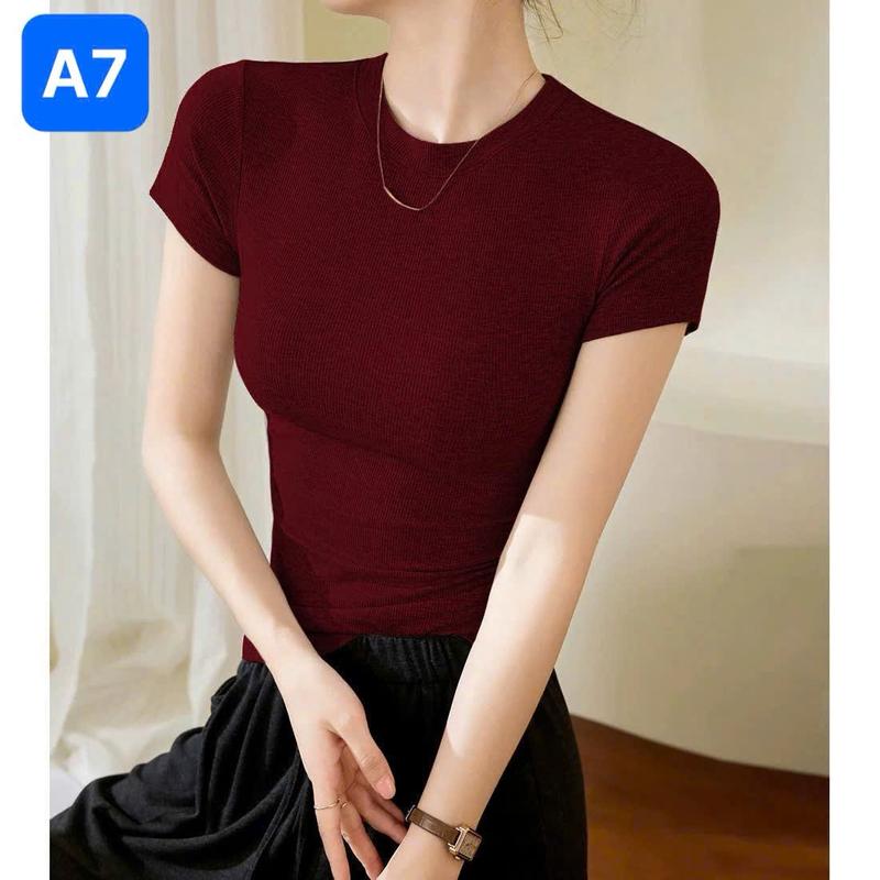 Áo Thun Nữ Hàn Quốc Tay Ngắn Cổ Tròn Trơn Ôm Body Chất Liệu Borip coton Cotton Women Top Đen 6