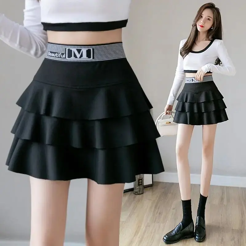 Váy Xếp Ly Ngắn Chữ A, Thiết Kế Màu Đen, Thích Hợp Cho Mùa Xuân Và Mùa Thu, Quần Áo Nữ, Bó Sát, Dễ Phối Đồ, Co Giãn, Cạp Cao, Chống Lộ