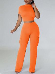 Two-Piece Set Women's Ribbed Crop Top & High Waist Pocket Wide Leg Pants, Casual Fashion Cozy High Neck Short Sleeve Top & Trousers for Daily Outdoor Wear, Women's Clothing for Spring & Fall