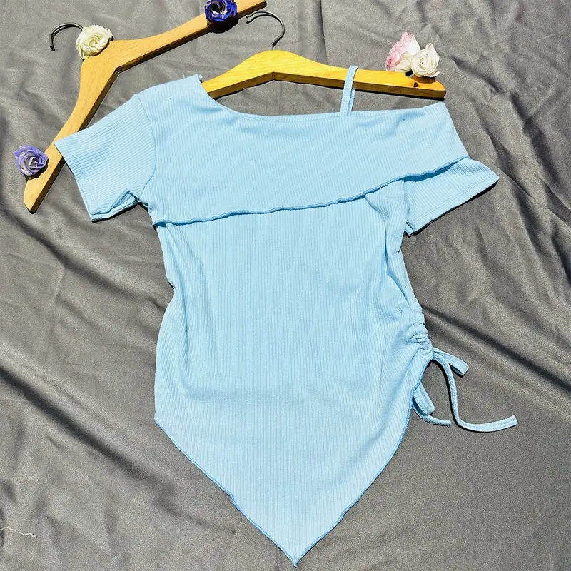 Áo thun TN nữ trễ vai lệch tà rút dây eo vạt nhọn Top Màu Trắng Cổ Tròn Nhung - Women áo  trễ xám 1 bên y2k Voi 3