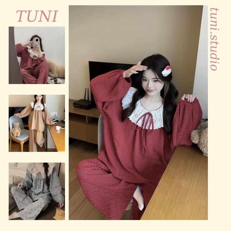 Bộ Đồ Ngủ Nữ Họa Tiết Hoa Nhí Thắt Nơ Xinh Xắn Áo Tay Dài Quần Dài Tuni.studio IN01