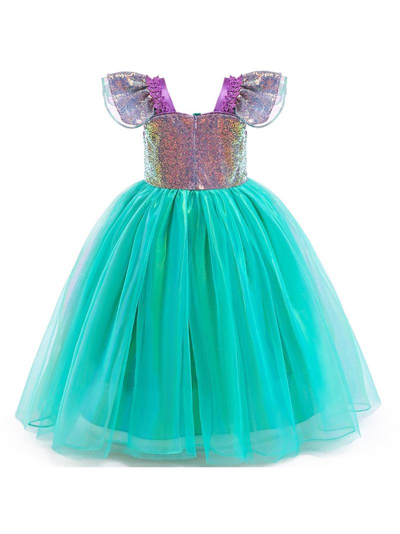 Product Introduction of Girl's Contrast Sequin Faux Pearls Decor Butterfly Sleeve Zipper Back Costume Dress with Necklace & Bracelet & Earrings & Ring & Bag & Hairpin, Fancy Mermaid Costume Dress with Accessories Costume for Party Show, Kids Birthday Party Clothes 13