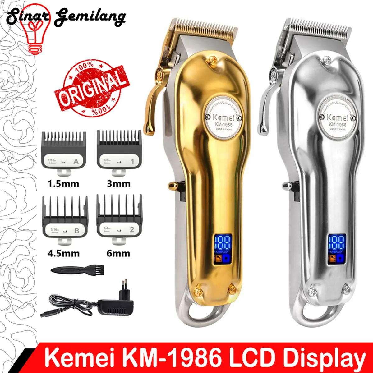 Alat Cukur Rambut Kemei KM-1986 SILVER / GOLD Professional Hair Clipper Charge Mesin Pangkas Rambut Barbershop