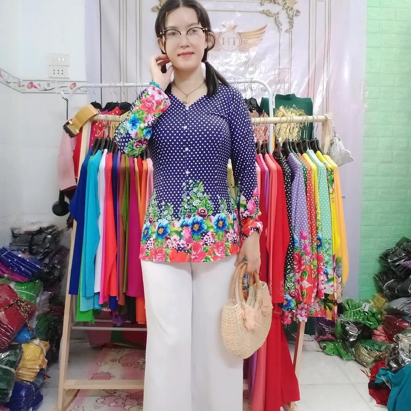 Áo bà ba  in chấm bi hoa vải lụa pha thun màu vàng 4