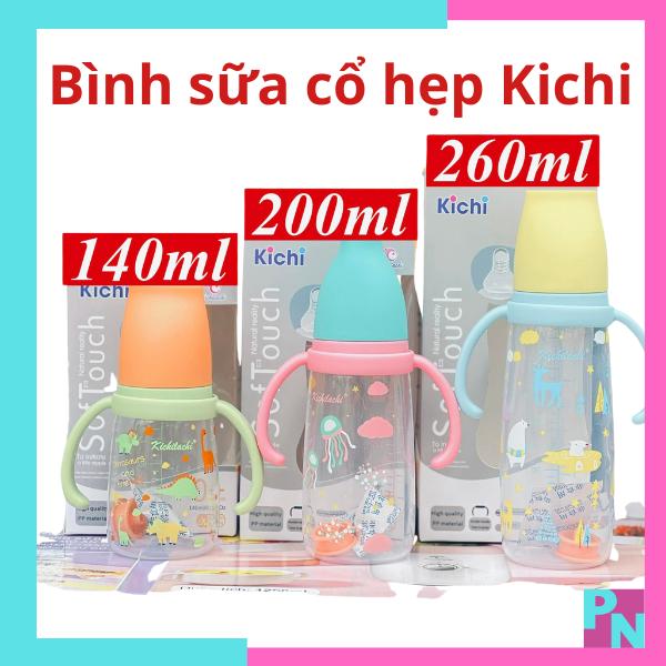 Bình sữa cho bé bình cổ hẹp Kichi 140ml 200ml 260ml núm ti  mềm chống sặc chống đầy hơi cho bé (không BPA) có tay cầm, núm ty Silicone