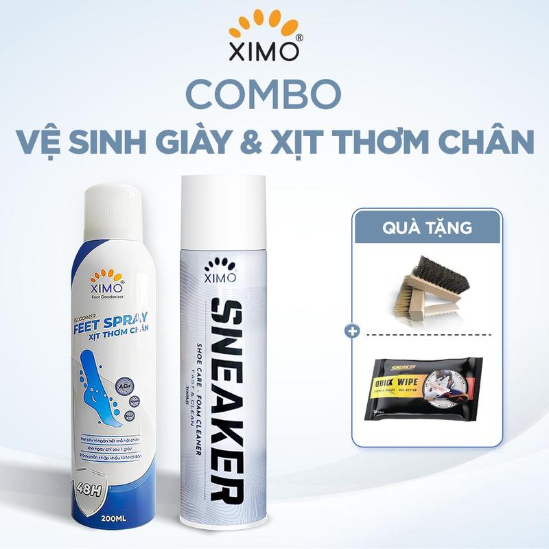 Chai vệ sinh giày Ximo + Xịt thơm chân Ximo + tặng kèm bàn chải lông heo + khăn lau sneak3r 12 miếng Nam