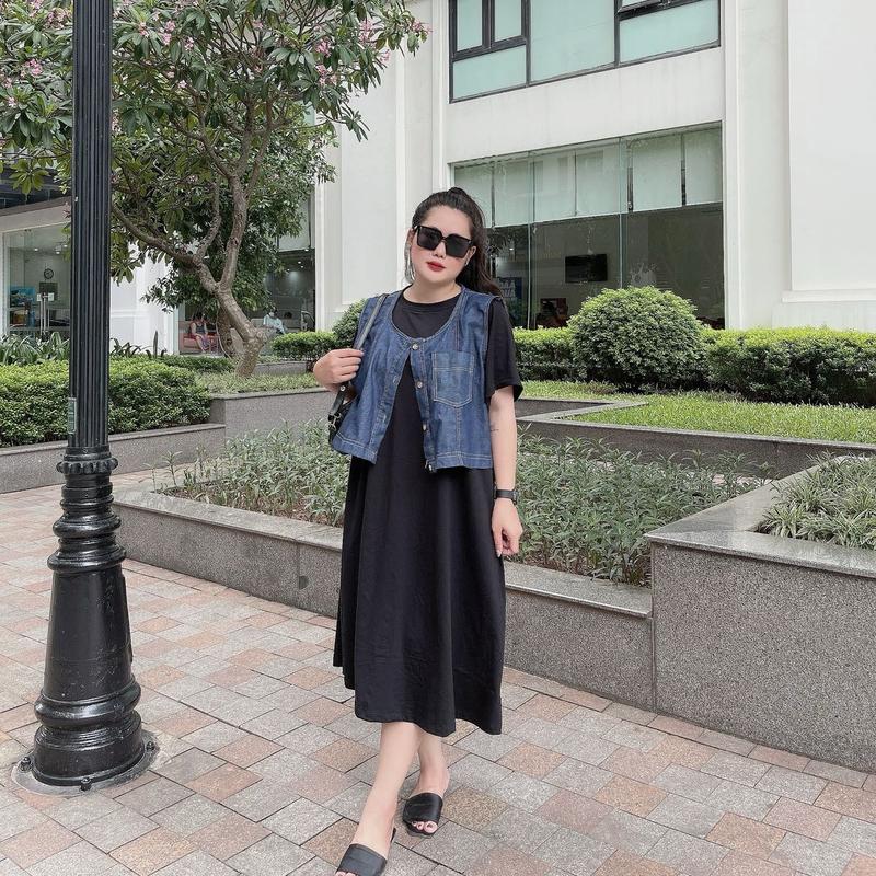 Set Váy Thun Xuông Kèm Áo Gile Jean Bigsize Nữ Kem Women