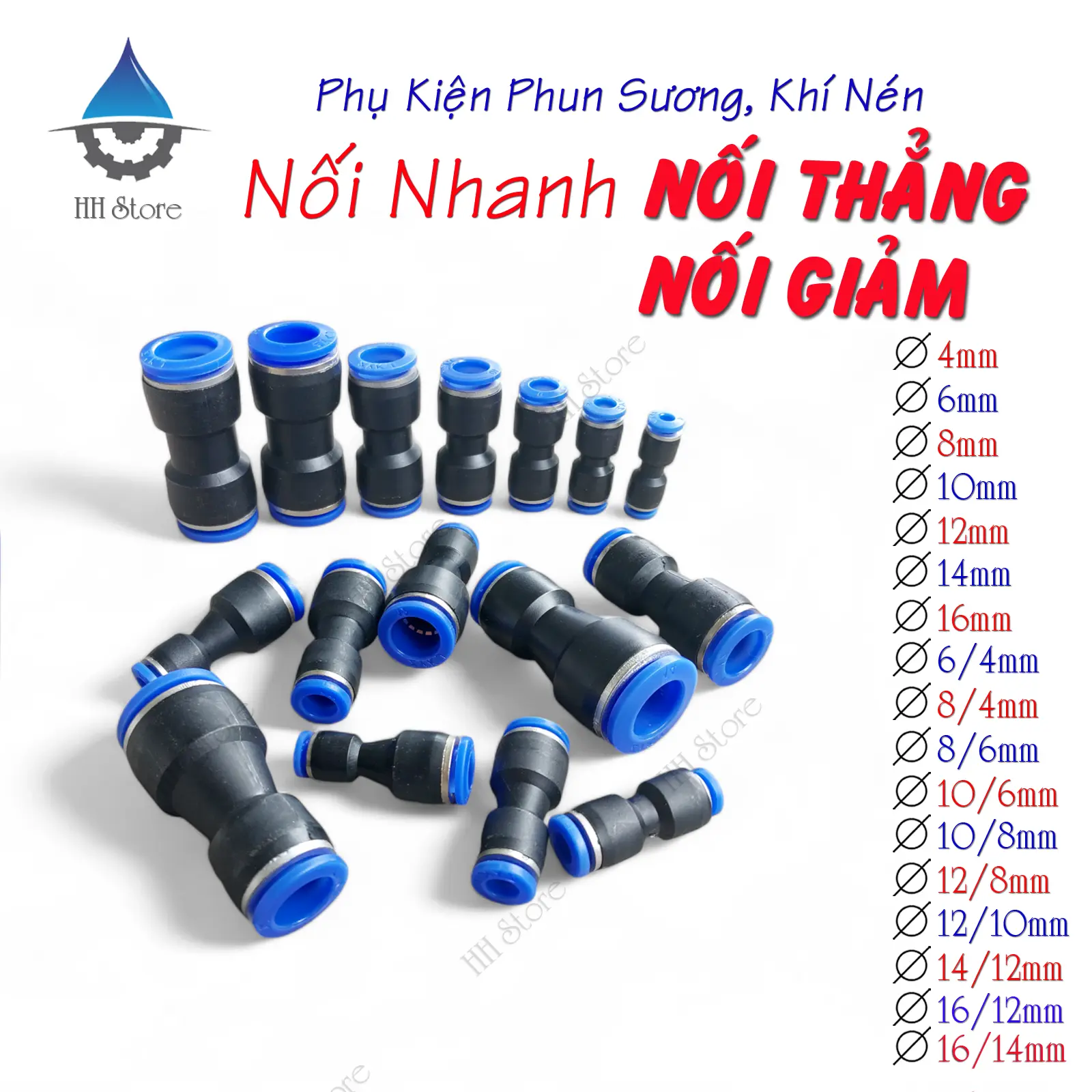 Nối Nhanh, Nối Thẳng, Nối Giảm cho hệ Phun Sương, Khí Nén 6/4, 8/4, 8/6, 10/6, 10/8, 12/8, 12/10, 14/12, 16/12mm.
