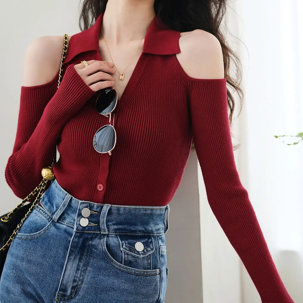 Vintage Solid Color Off Shoulder Knitted Tops Autumn Women Long Sleeved Snitwear SS24